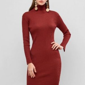 Turtleneck Ribbed Sheath Sweater Dress