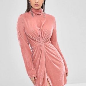 Twist Front Turtleneck Velvet Dress