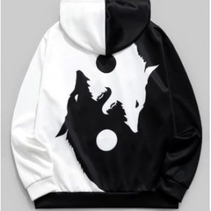 Two Tone Wolf Print Kangaroo Pocket Drawstring Hoodie