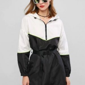 Two Tone Zip Hooded Neon Trim Belted Dress