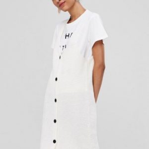 V Neck Button Up Sweater Dress - White