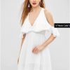 V Neck Cold Shoulder Mini Dress - Milk White