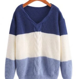 V Neck Colorblock Cable Knit Sweater - Multi-b