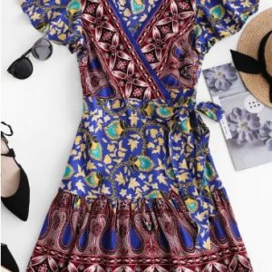 V Neck Floral Print Wrap Dress - Ocean Blue