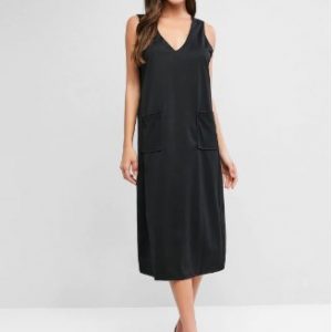 V Neck Pockets Midi Pinafore Dress