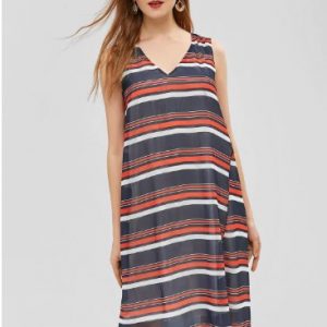 V Neck Sleeveless Stripes Dress - Midnight Blue