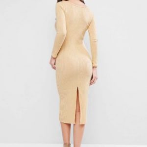 V Neck Solid Sheath Knit Dress