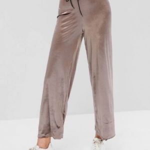 Velvet Drawstring Letter Graphic Wide Leg Pants - Wood