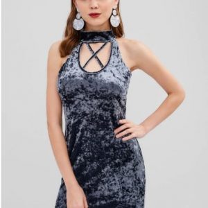 Velvet Mock Neck Criss Cross Dress - Mist Blue