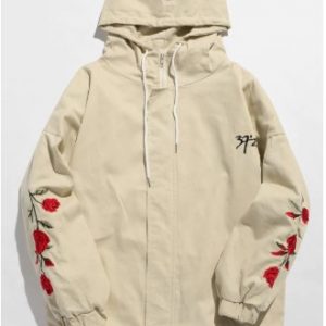 Zip Fly Flower Embroidery Hooded Jacket