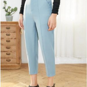 Zipper Fly Pocket Ninth Pants - Baby Blue